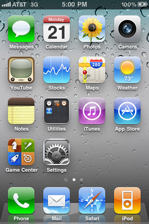 The iOS 4.3.x home screen, as shown on an iPho...